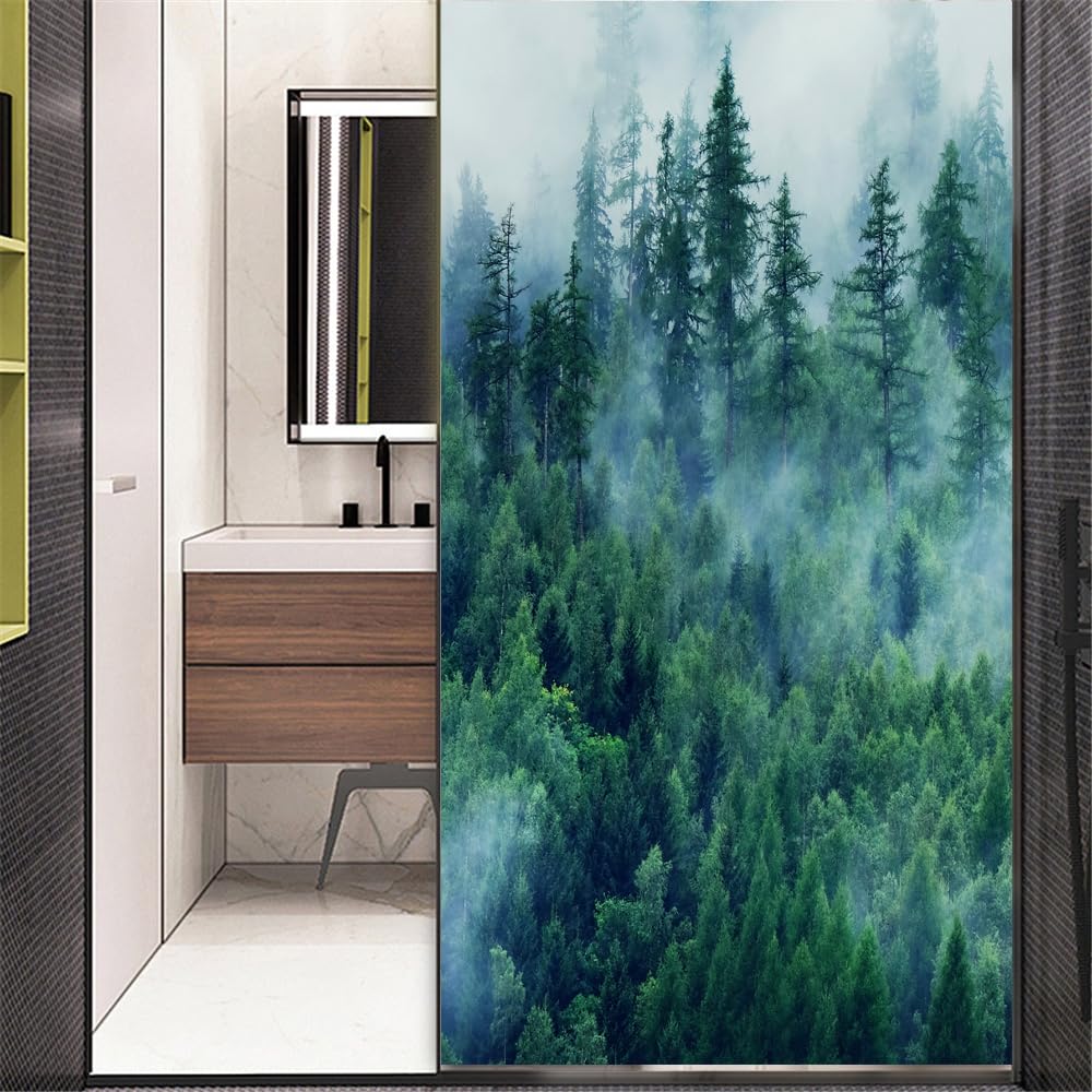 No Glue Window Film Privacy Forest Decorative Frosted Glass Door Window Covering Window Decals Window Sticker 65x110cm(25.6