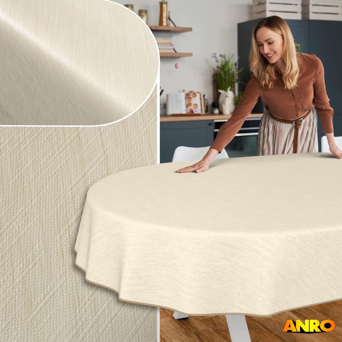 Nappe de Table en Toile cirée - Aspect Lin - Facile d'entretien et imperméable - Ovale - 240 x 140 cm - Crème avec Ourlet