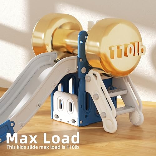 Miniatura 7 de XJD Tobogán 5 en 1 para niños pequeños de 1 a 3 años, juego para interiores y exteriores con aro de baloncesto y pelota, espacio de almacenamiento