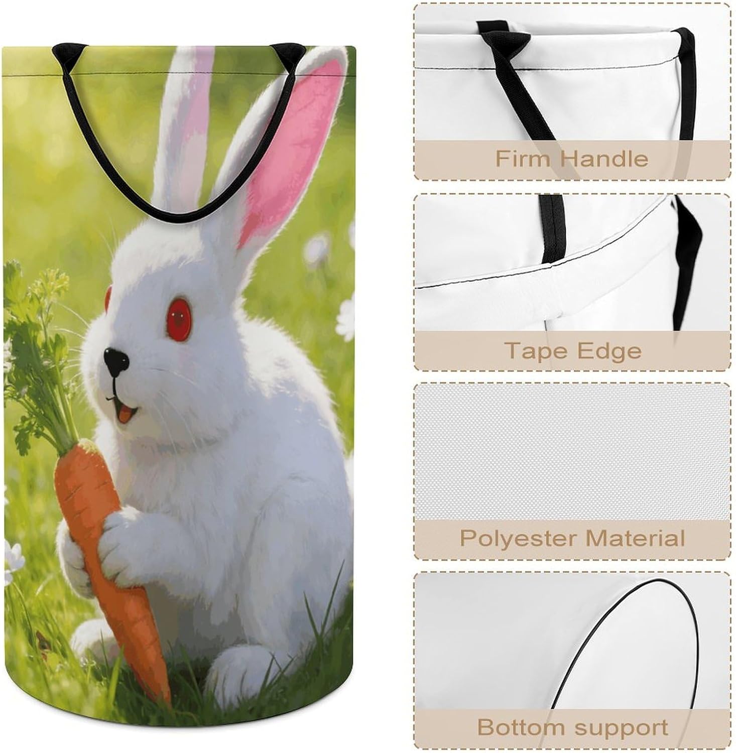 Rabbit Laundry Hamper with Handles Waterproof Collapsible Laundry Basket Large Lightweight Round Dirty Clothes Hamper for Home Dorm Bathroom Decor