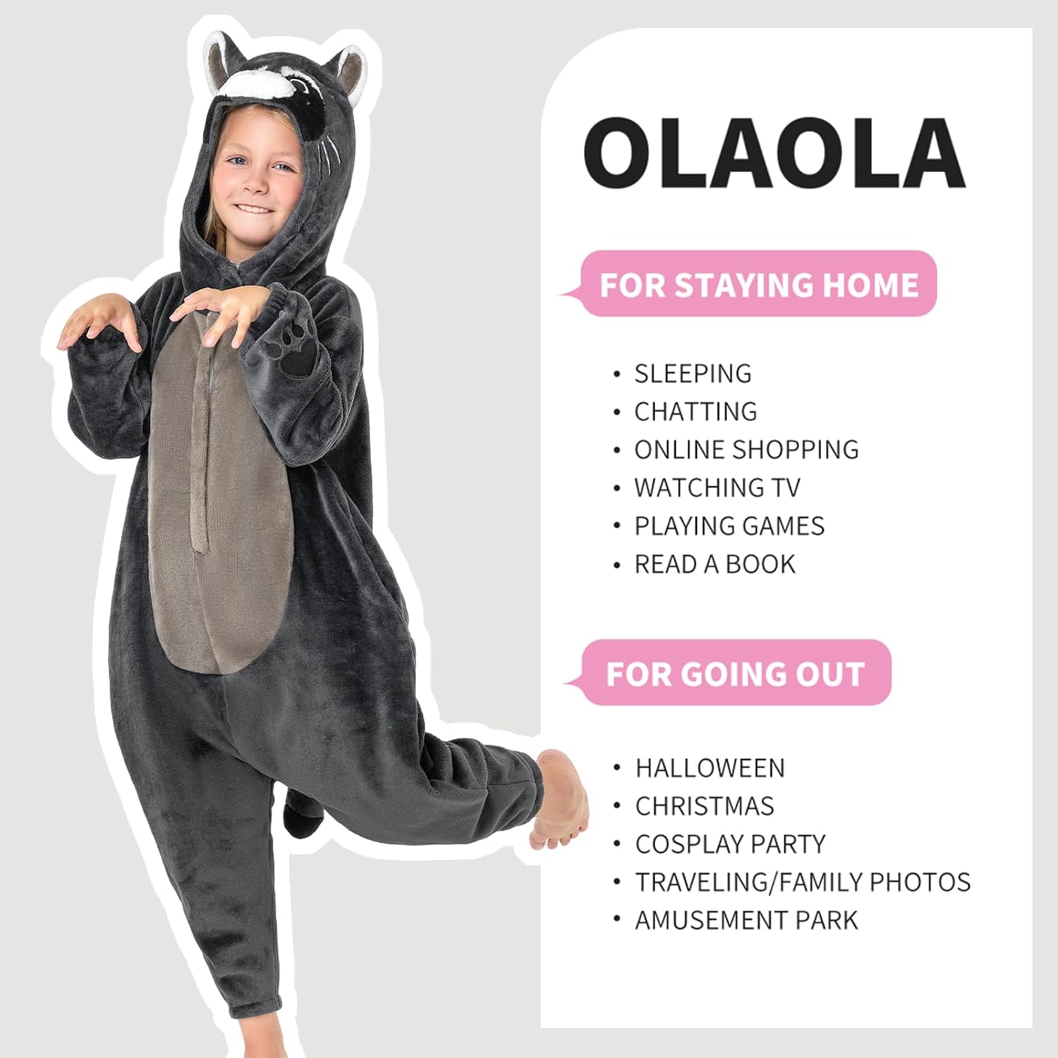 OLAOLA Kids Animal Onesie, Unisex Onesies, Plush Cosplay Pajamas for Girls Boys, One-Piece Sleepwear Halloween Costume - Image 3