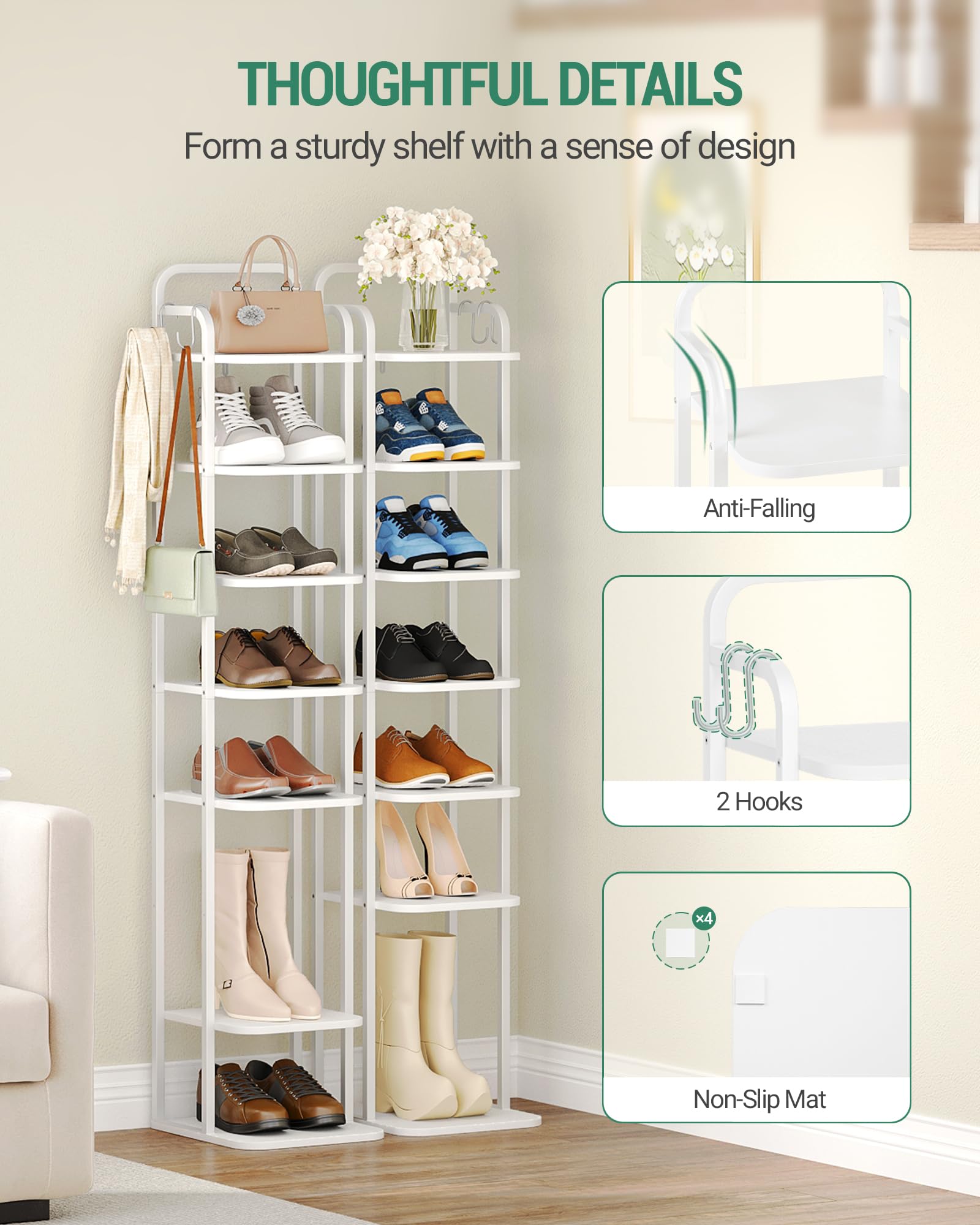 Hzuaneri Verticaal Schoenrek, 8 Tier Schoenrek, Houten Schoenenkast voor Garderobe, Ingang, Schoenentoren voor Kleine Kamers, Vrijstaand, Verstelbaar, Rustiek Bruin en Zwart SR04301B Hzuaneri Verticaal Schoenrek, 8 Tier Schoenrek, Houten Schoenenkast voor Garderobe, Ingang, Schoenentoren voor Kleine Kamers, Vrijstaand, Verstelbaar, Rustiek Bruin en Zwart SR04301B