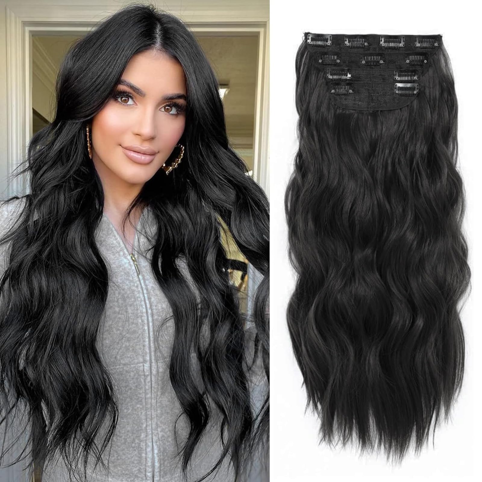 Ms TAj Hair Extensions Clip in Natural Black 4PCS Long Natural Curly 20 inch Add Volume Full Head Weft Clip in Synthetic Fiber HairPieces for Women