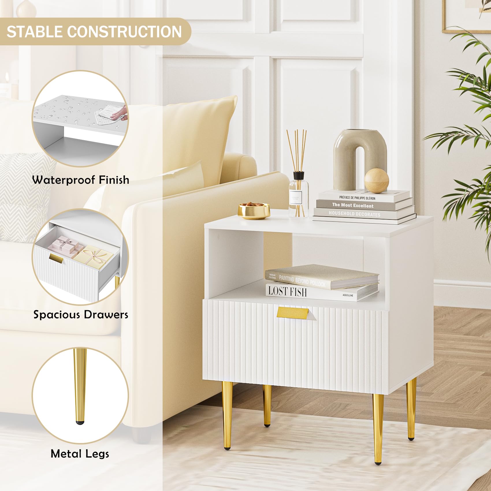 HEYZOEY Table de chevet pour chambre à coucher, table de chevet striée, table d'appoint pour salon, table d'appoint avec tiroirs, meuble de chambre à coucher, à rayures blanches