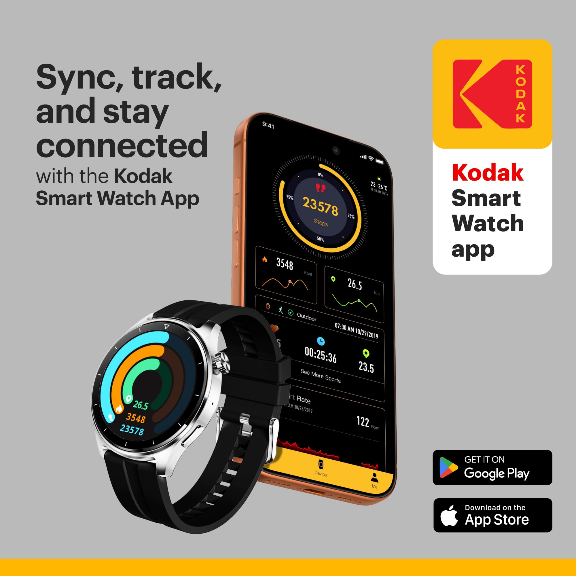 Kodak SW-7202 - Reloj Inteligente - Pantalla HD de 37 mm - Llamadas Bluetooth y Asistente de Voz - SpO2, frecuencia cardíaca, estrés, más de 100 Deportes, GPS - Duración de la batería 5 días - Carga