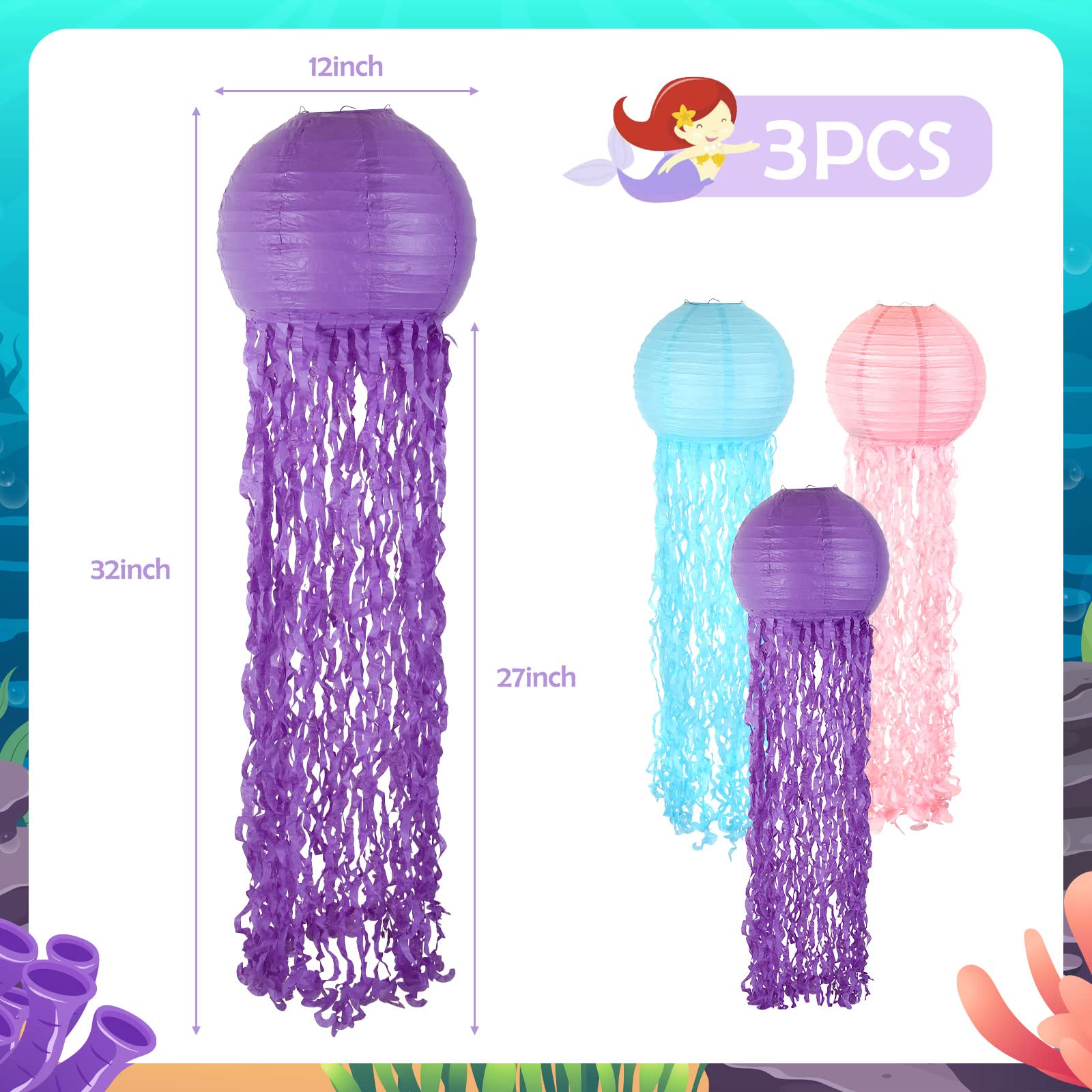 12 Inch Jellyfish Paper Lanterns, Mermaid Wishes Hanging Paper Lanterns in Blue/Purple/Pink, 3pcs Ocean Themed Decors for Baby Shower Birthday Party