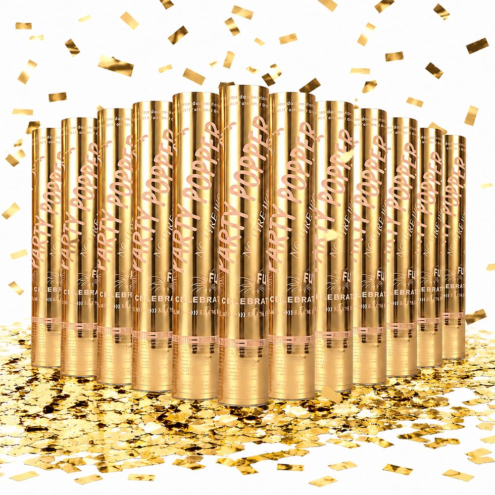 Party Kanone Konfetti Gold, 12 Stück Konfettikanonen biologisch abbaubar Gold | 30 cm große Konfettikanone für Karnevalspartys, große Konfettikanonen, ideal für Geburtstage, Partys und Hochzeiten