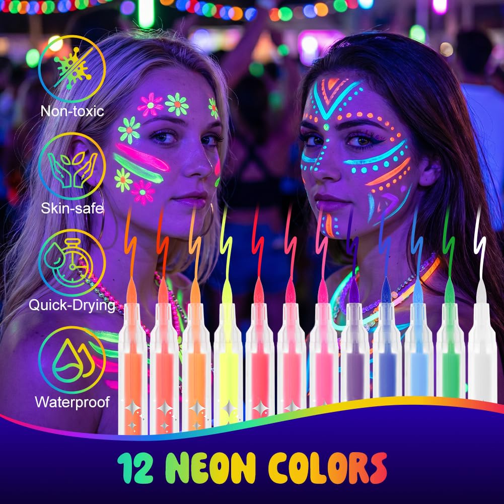 Paintaras dla dzieci, 12 kolorów UV Fluorescencyjny lakier do twarzy dzieci Hipoalergiczny, Błyszczący neon UV Farba do twarzy, Markery do ciała dla skóry palca na Halloween Karnawał