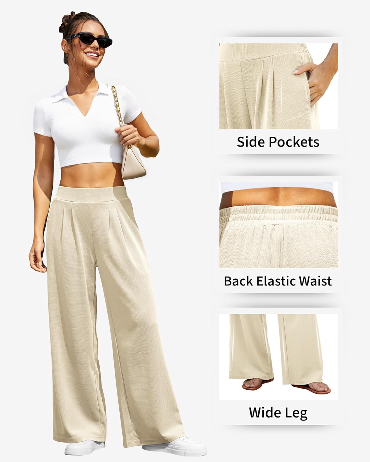 FireSwan Women's Wide Leg Pants Elastic High Waist Casual Palazzo Pants Trousers with Pockets - Image 5