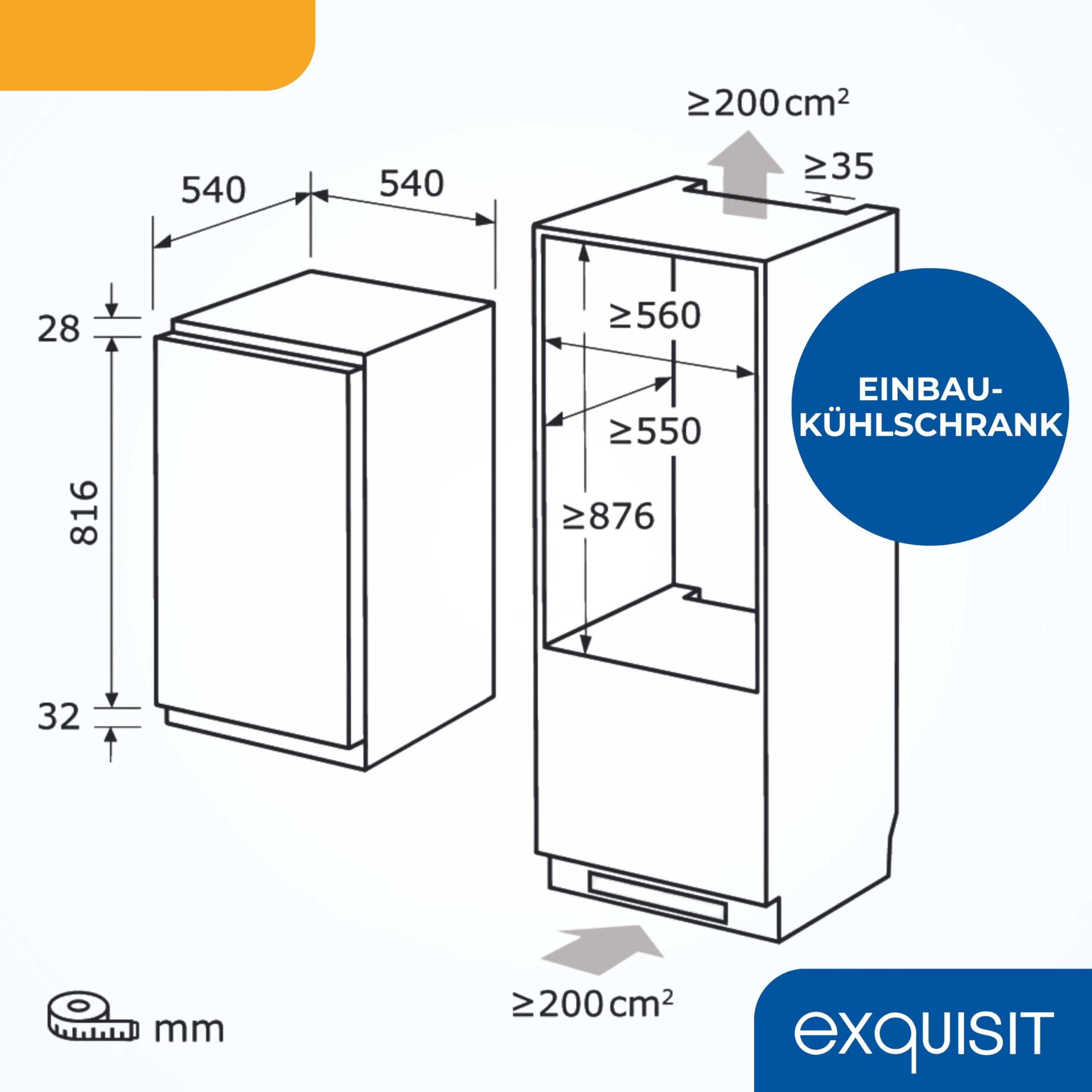 Exquisit EKS5131-V-040E Einbau-Kühlschrank 129 Liter 88 cm Nische Vollraumkühlschrank LED-Licht 39 dB leise Energieklasse E