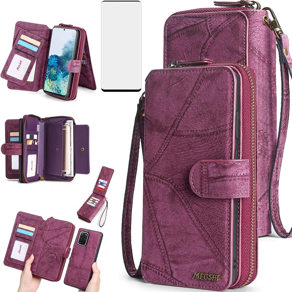 Asuwish Phone Case for Samsung Galaxy S20 Plus S20+ 5G Zipper Wallet Detachable Cover with Screen Protector and Leather Flip Mirror Card Holder Cell