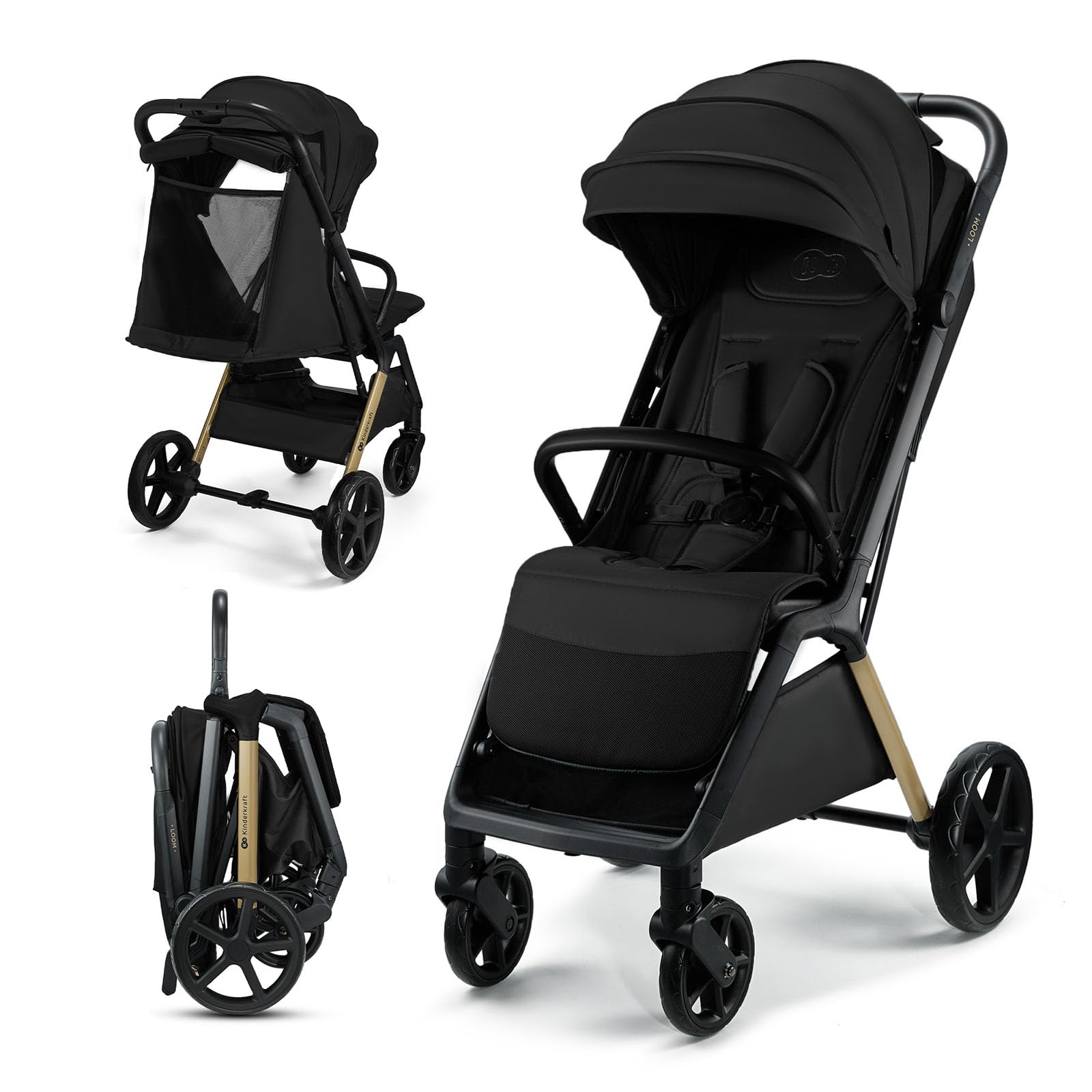 Kinderkraft LOOM Passeggino compatto e leggero, chiusura automatica, grandi ruote antiforatura, schienale reclinabile, dalla nascita fino a 22 kg, Nero