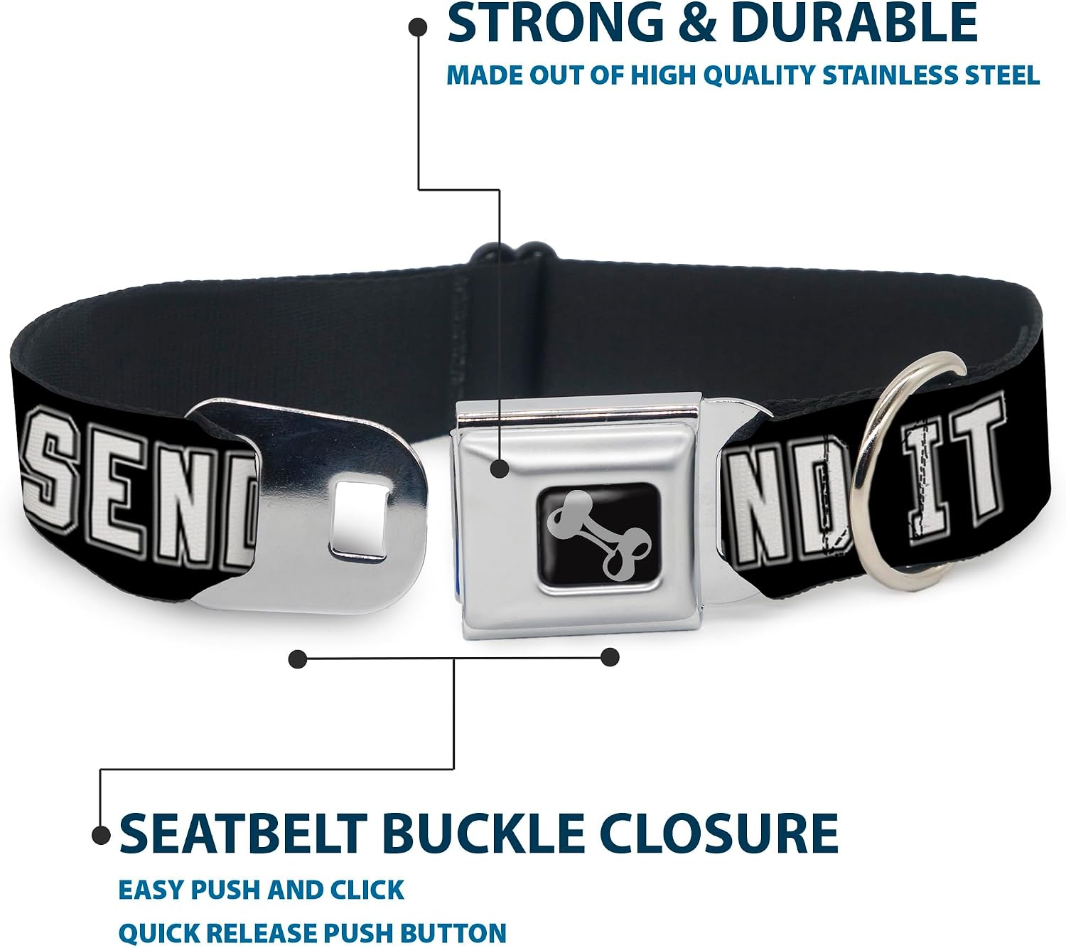 Dog Collar Seatbelt Buckle Send It Black White 18 to 32 Inches 1.5 Inch Wide
