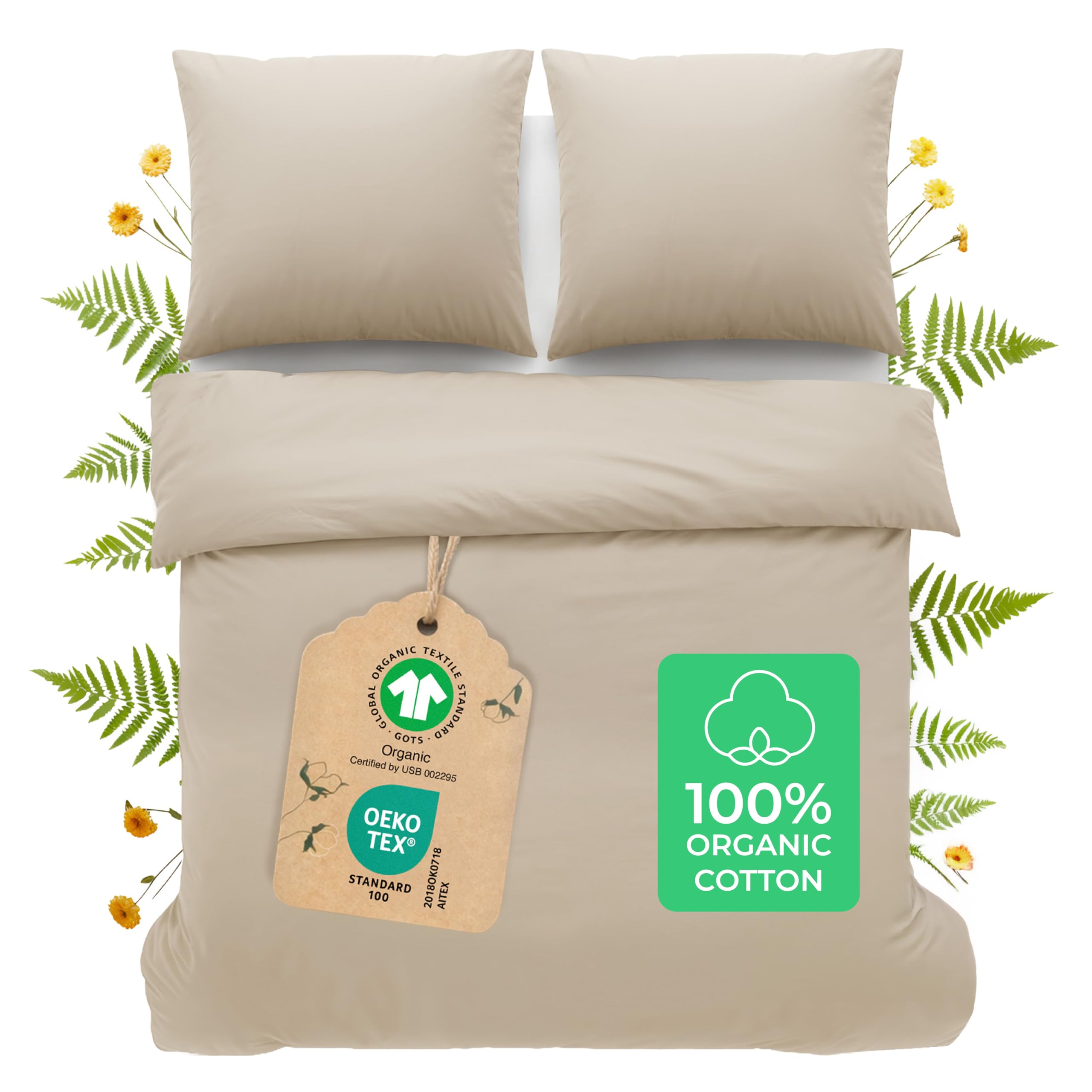 Dreamzie - Poszwa na kołdrę 220x240 cm + 2 Poszewki 80x80 cm Bawełna Bio - Percale 180 TC - Pościel 220x240 Beżowa - Oddychająca i Miękka - Oeko-Tex & GOTS