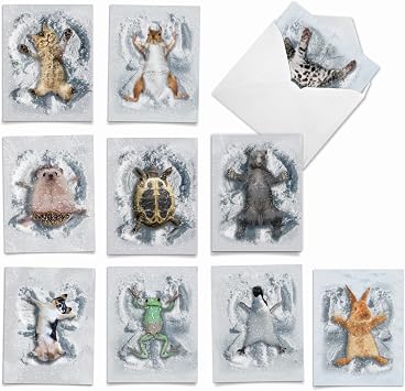 The Best Card Company 10 Blank Notecards w/Envelopes Box Set, 4 x 5.12 Inch, Wildlife Cards for Men and Women - Critter Snow Angels M4187OCB-B1x10-NB