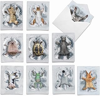 The Best Card Company 10 Blank Notecards w/Envelopes Box Set, 4 x 5.12 Inch, Wildlife Cards for Men Women and Kids - Critter Snow Angels M4187OCB-B1x10-NB