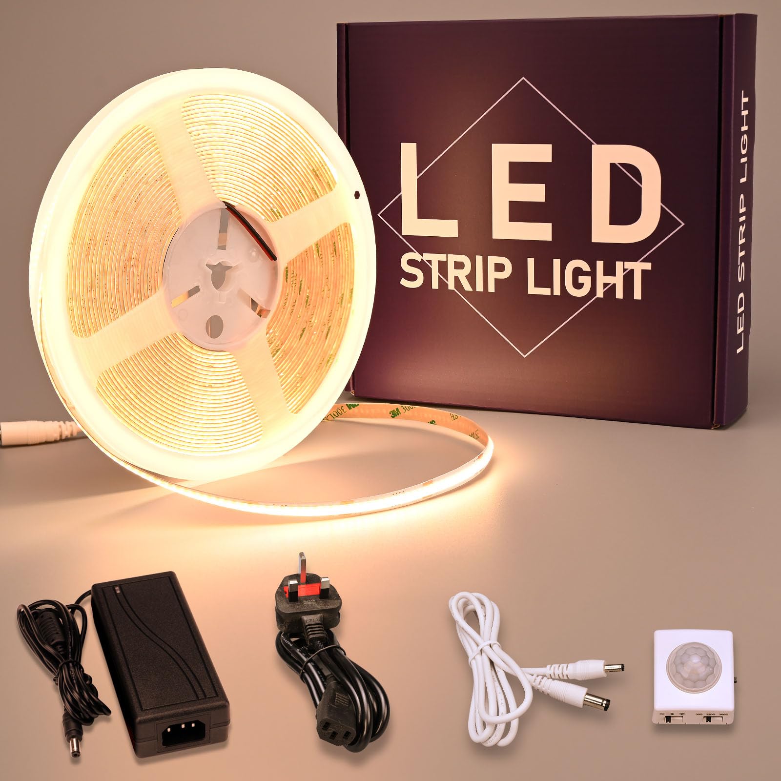 Goming Warm White Motion Sensor Cob Led Strip Light 32.8Ft(10M) 3000K Cri 93+ 3 Lighting Modes 3 Timing Off Modes 3 Brightness Modes With Power Adapter For Kitchen Cabinets Stair Showcase Bedroom Bed