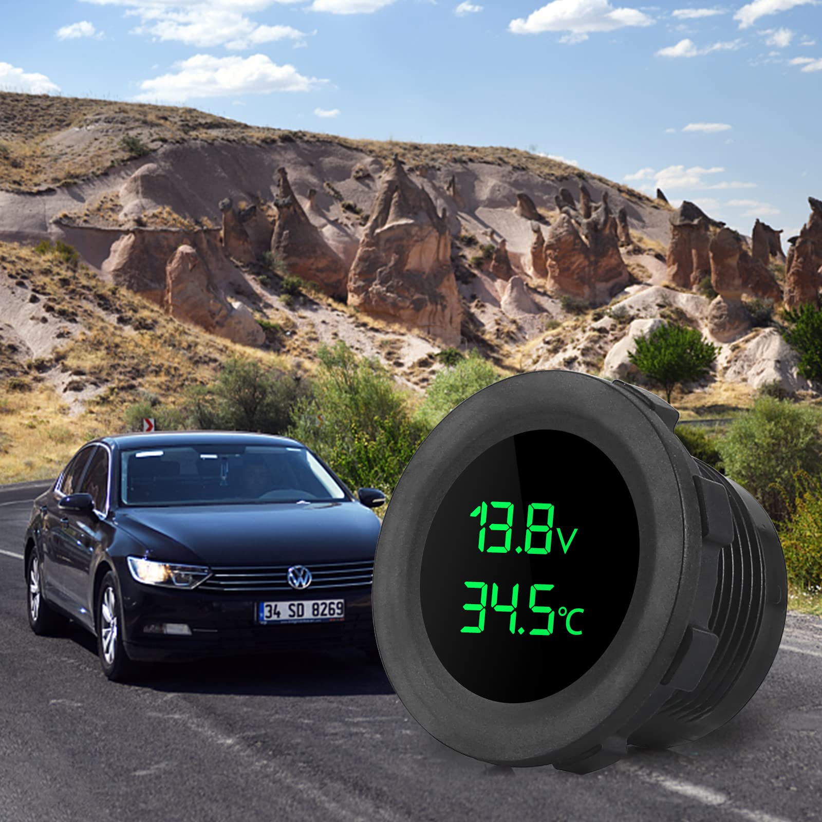 Voltmètre de voiture avec moniteur de température 12 V LED Affichage numérique Jauge de tension pour bateau, camping-car, véhicule marin, moto, camion