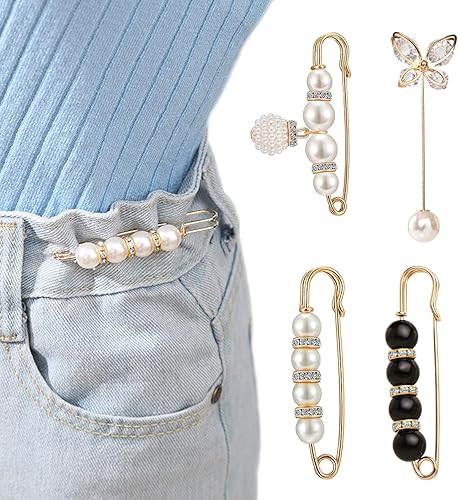 4 broches de perlas, alfileres de seguridad para mujeres y niñas, pantalones de vestir, falda, cuello de cárdigan, broches de diamantes de imitación