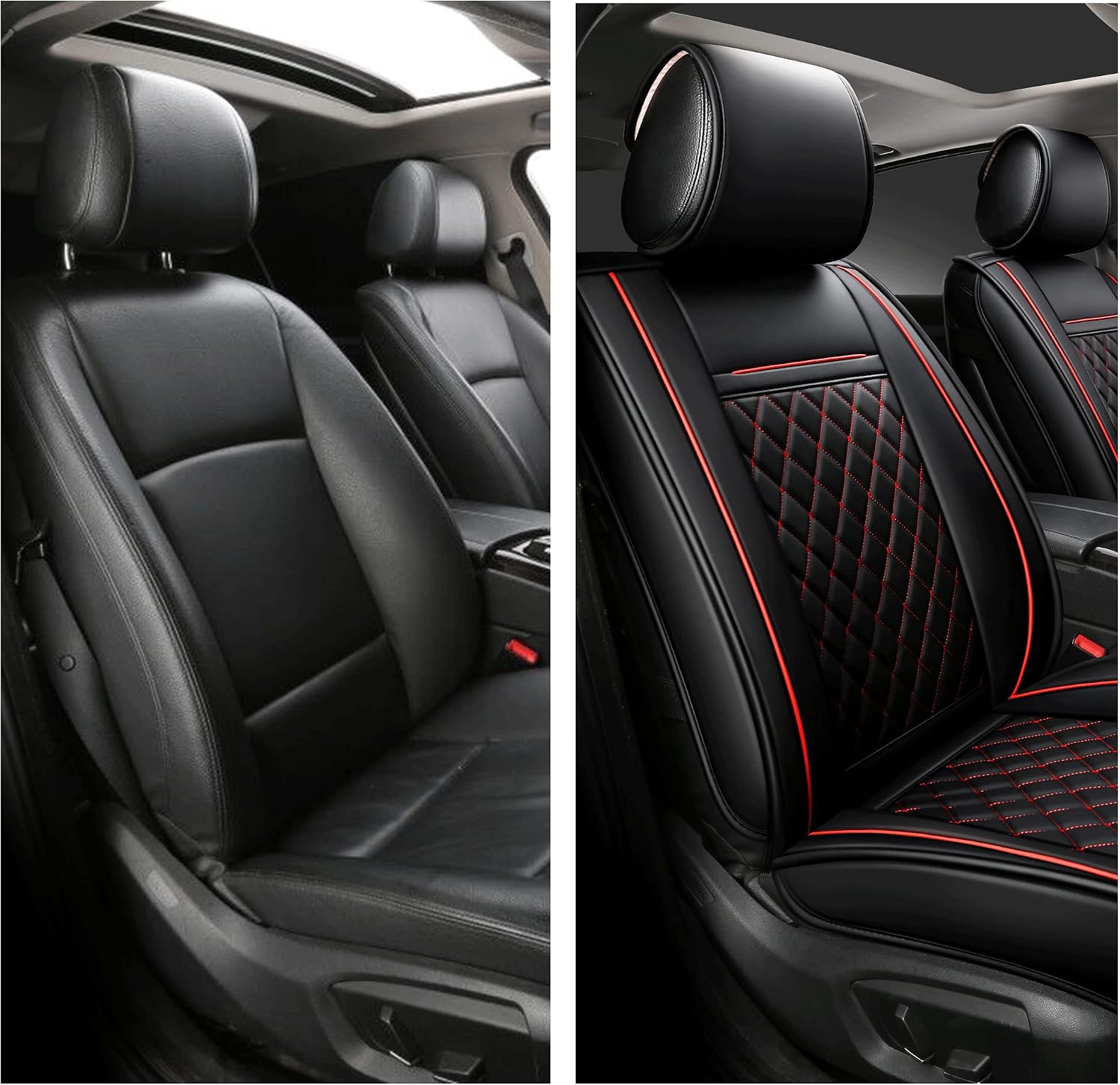 INCH EMPIRE 2 Front Car Seat Cover-Waterproof PU Leather Cushion Anti-Slip-Universal Fit for Both Fabric and Leather Seats Easy to Clean Dodge Kia Lexus(2 Pcs of Black with Red Line)