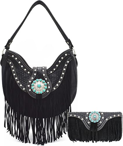 Western Style Fringe Conchos Gem Rhinestone Studded Braided Leather Purse Countr