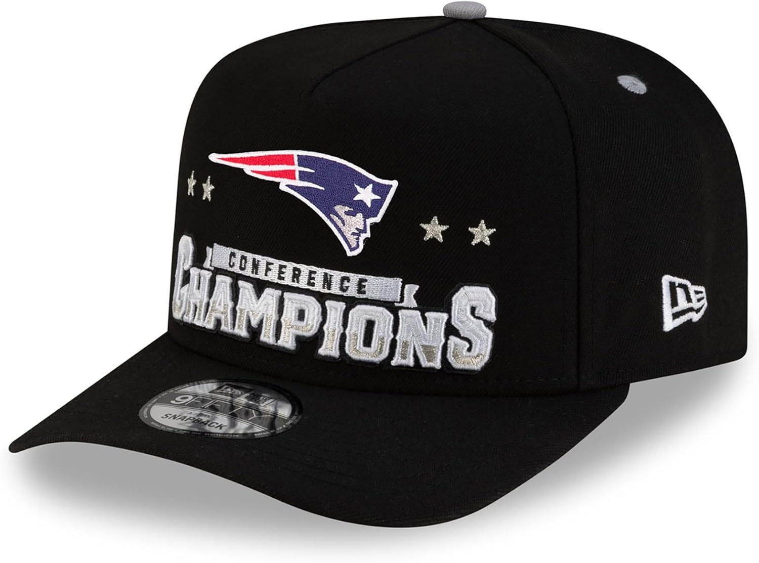 New Era Men's Black New England Patriots 2025 AFC Champions Locker Room Trophy Collection A-Frame 9FIFTY Snapback Hat
