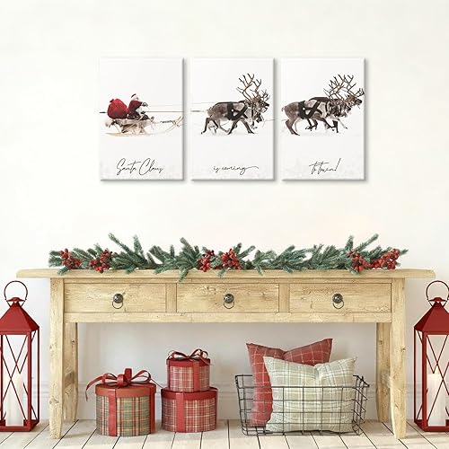 Miniatura 8 de Pennimor Lienzo decorativo para pared de Navidad, juego de 3 impresiones enmarcadas de 20 x 28 pulgadas, Papá Noel y renos, póster rústico de