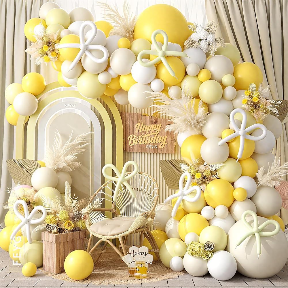 Mustard Yellow Bow Balloon Arch Kit, Sand White Pastel Yellow Balloon Garland Kit, Yellow White Latex Party Balloons for Bee Birthday Wedding Baby