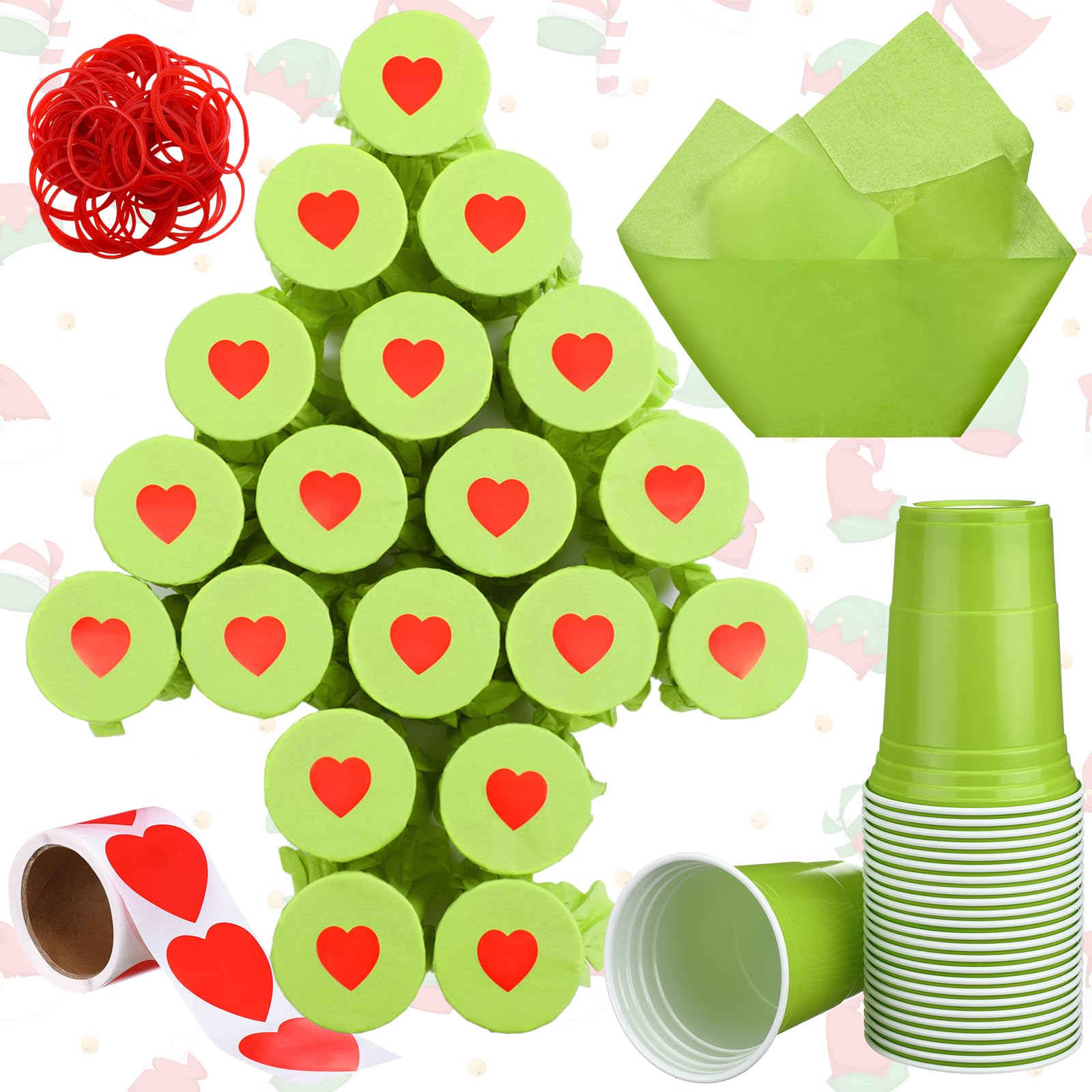 Jingmore 50 Pack Christmas Punch Game Set DIY Prize Punch Box Game 50 Pcs 16oz Plastic Cup 50 Sheets Neon Green Tissue Paper 150 Red Heart Shaped Sticker 100 Rubber Band for Xmas Party
