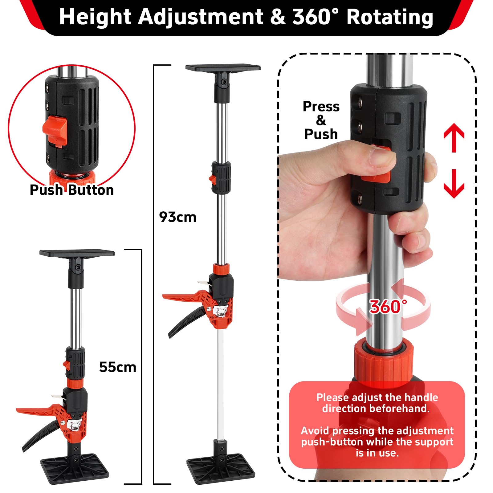Étai Télescopique Réglable, 2 Pièces Crics de Levage, Léve Plaque Placo, Hauteur 50-93 cm, Réglage d'Angle à 30°, Léve Meuble pour Armoires, Plafonds, Ppanneaux Muraux, Charge Max. 150 kg