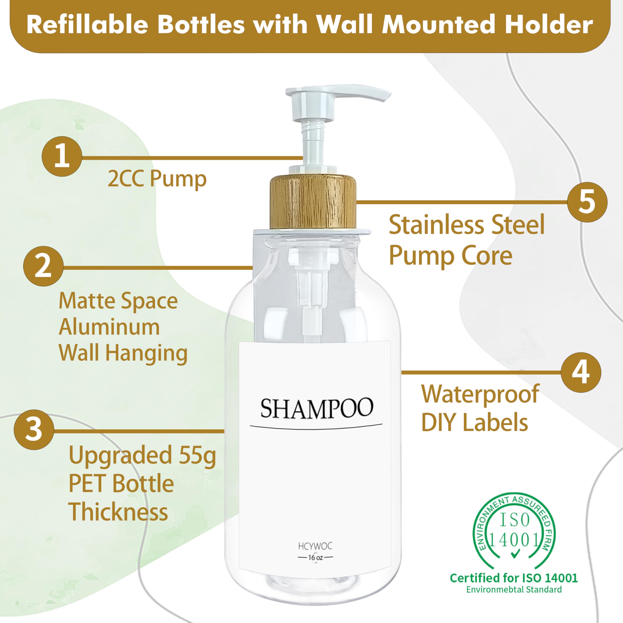 HCYWOC Lot De 3 Distributeurs Muraux Douche 500 Ml – Sans Perçage Ou À Vis – 16 Étiquettes Imperméables – Shampooing, Savon, Après-shampoing