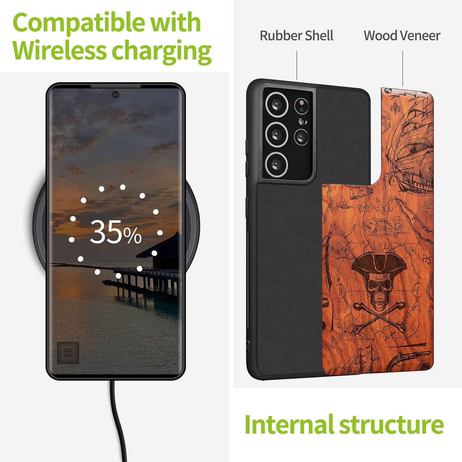 Carveit Wood Case for Galaxy S21 Ultra Case [Natural Wood & Black Soft TPU] Shockproof Hybrid Protective Unique Wooden Cover Compatible with Samsung S21 Ultra 5G (Pirate Flag-Rosy)