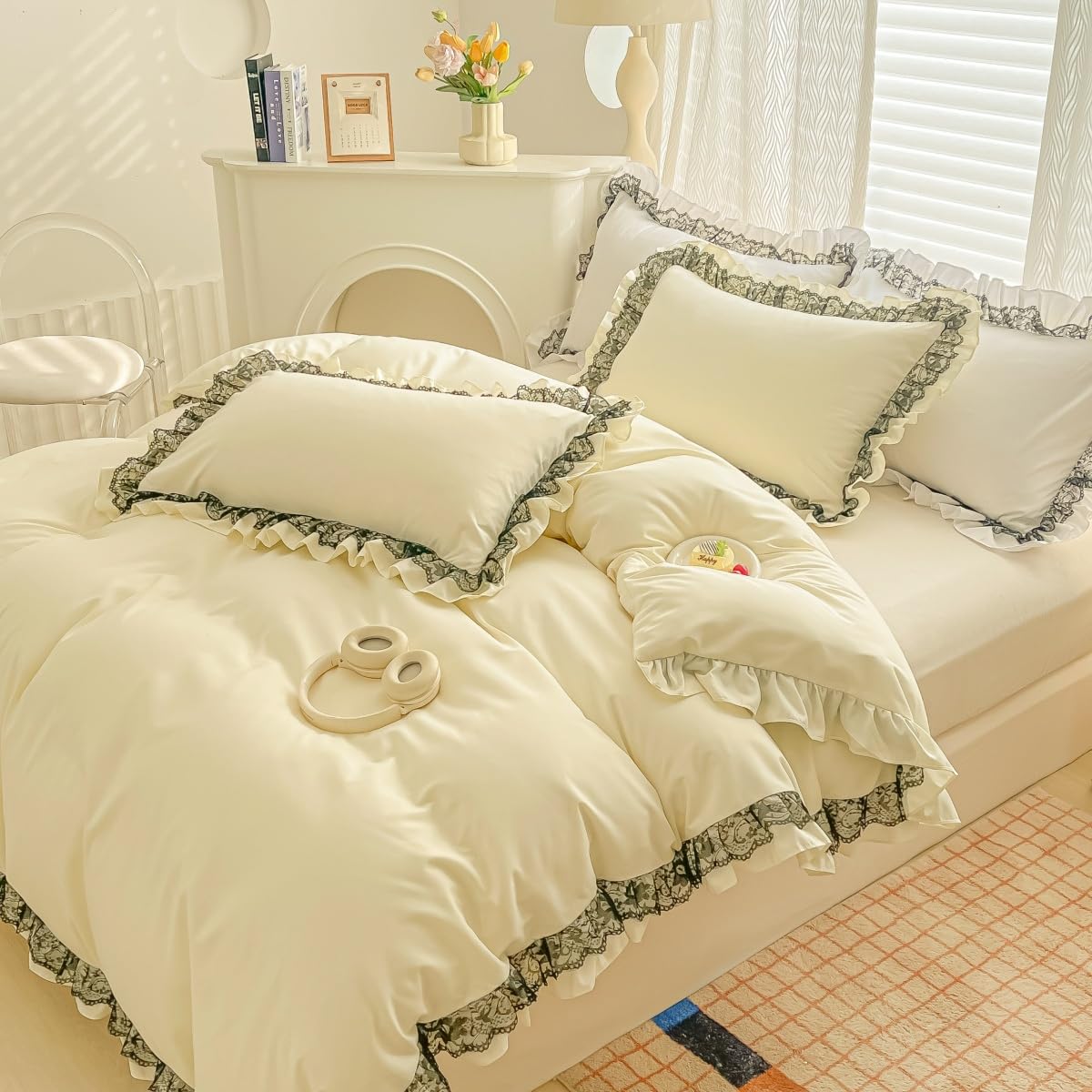 IHOUSTRIY Black Lace Ruffle Duvet Cover Set, 3 Piece Cream Yellow Bedding Queen Size, Cute Girls’ Room Decor, Comforter Cover 90x90 inches with Pillow Sham, Comforter Not Included