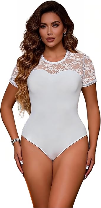 Lace Bodysuit Short Sleeve Leotards for Women Sexy Body Suit Tops Openable Crotch Plus Size S-2XL