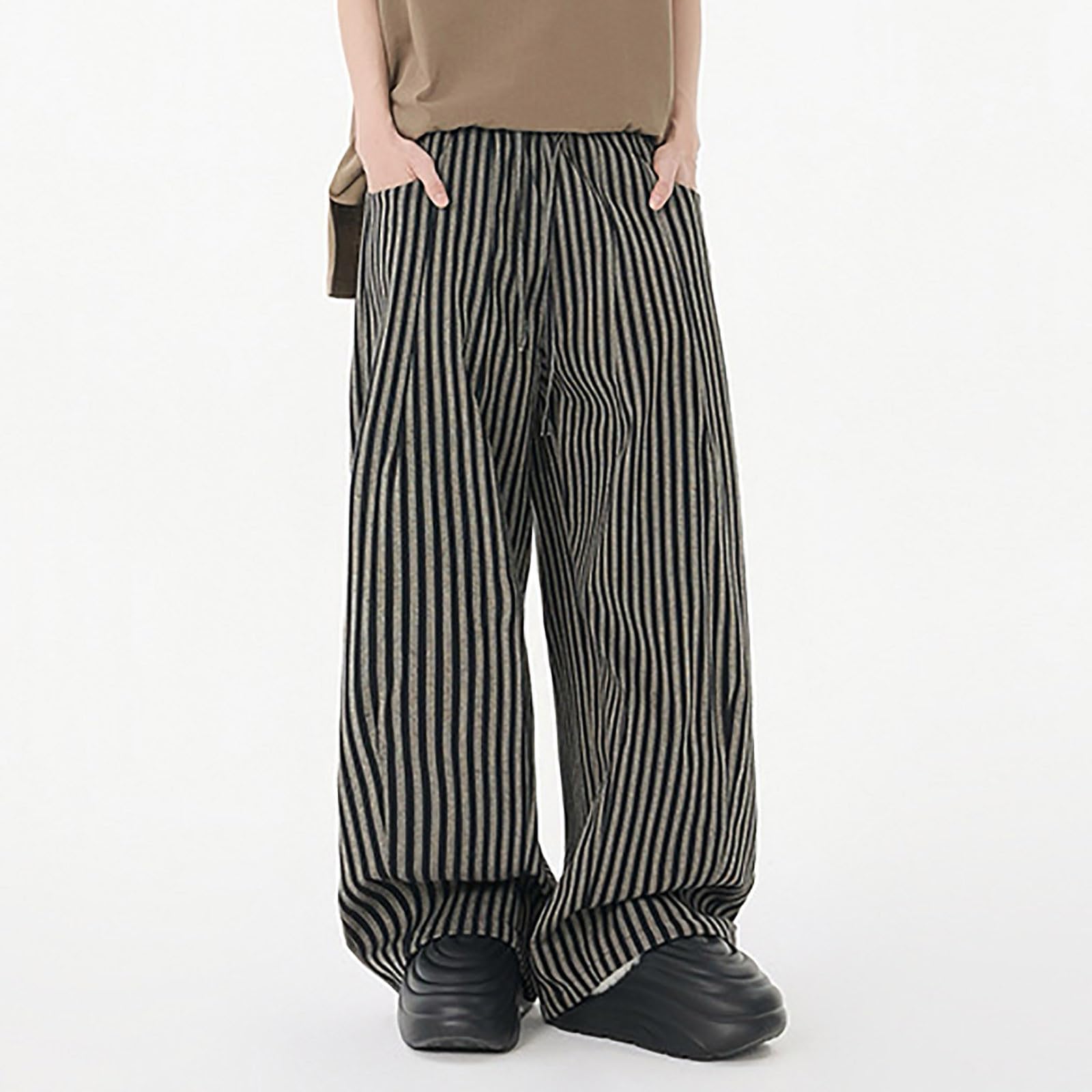 Generisch Pantaloni estivi da uomo con motivo a righe e stile casual, pantaloni larghi con gamba dritta e gamba larga