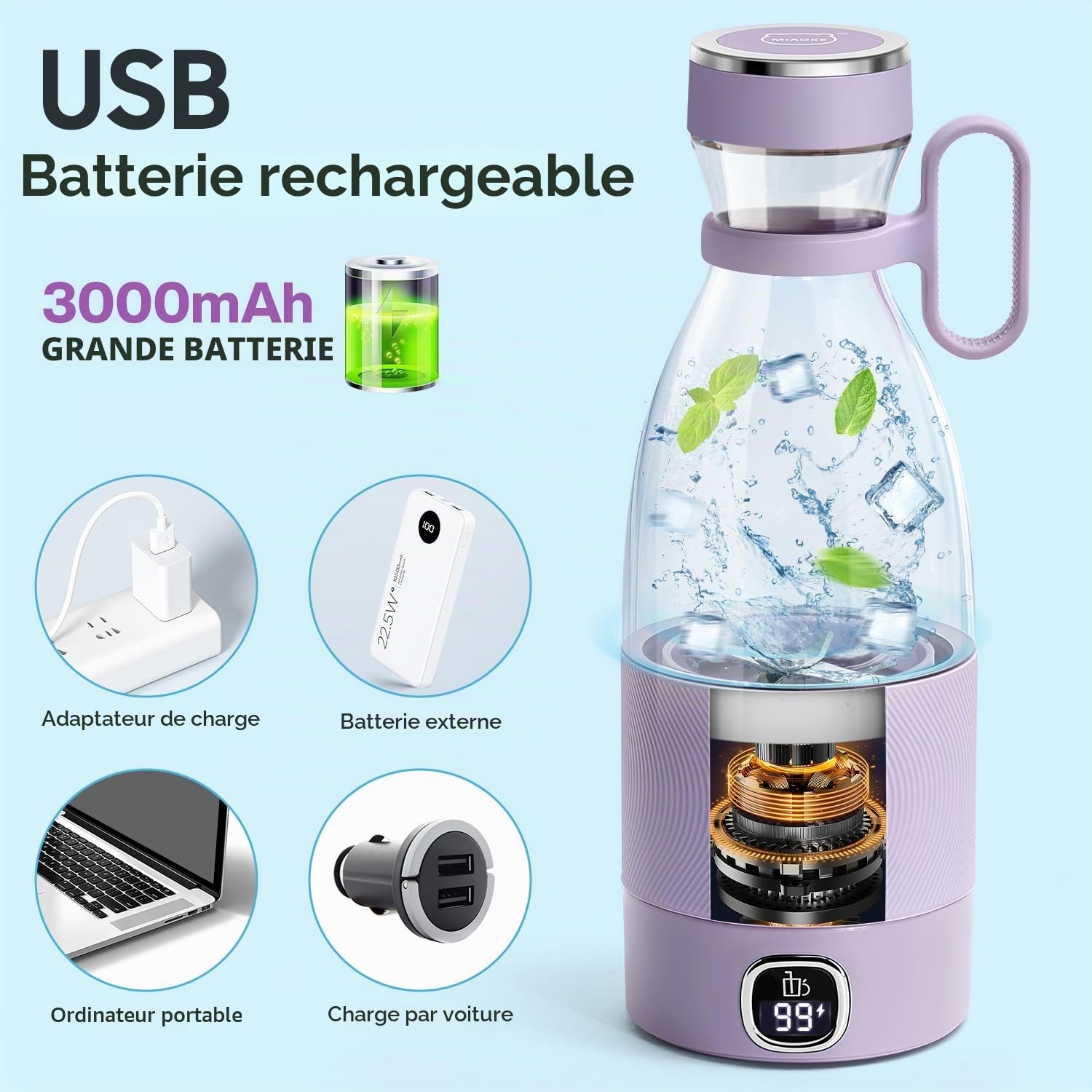 Mixeur portable, MIAOKE, tasse de jus avec 6 lames pour jus, milkshakes et smoothies, mini mixeur de 350 ml avec affichage LED, rechargeable par USB, batterie rechargeable de 3000 mAh, pour la maison