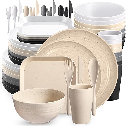 Ziliny Juego de vajilla de paja de trigo, 64 piezas, platos de plástico irrompibles, cuencos ligeros, tazas, cuchillos, tenedores, cucharas,