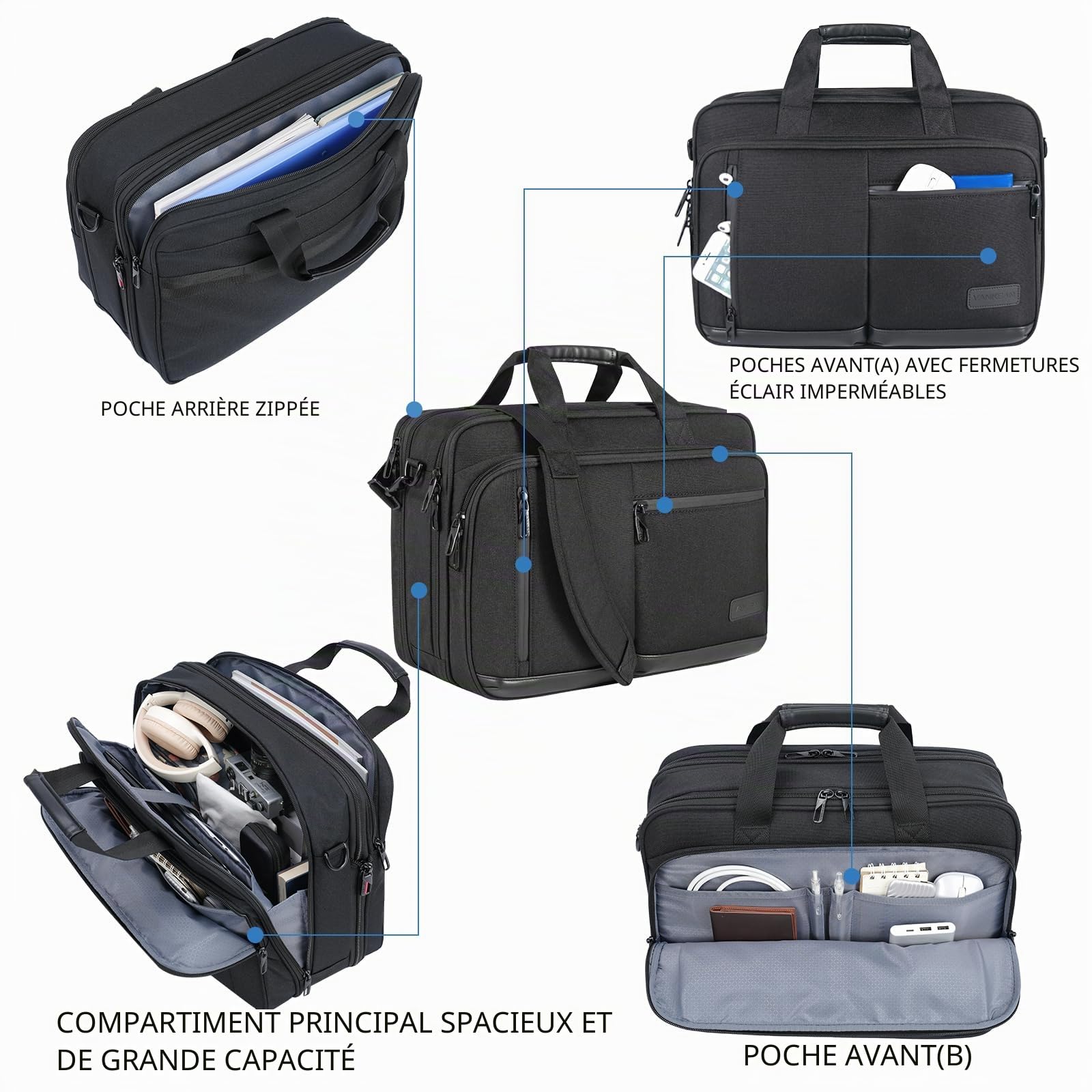 VANKEAN Porte-documents pour ordinateur portable 17.3 pouces hommes et femmes, sac à bandoulière de qualité supérieure, hydrofuge avec poche RFID, sac messager extensible