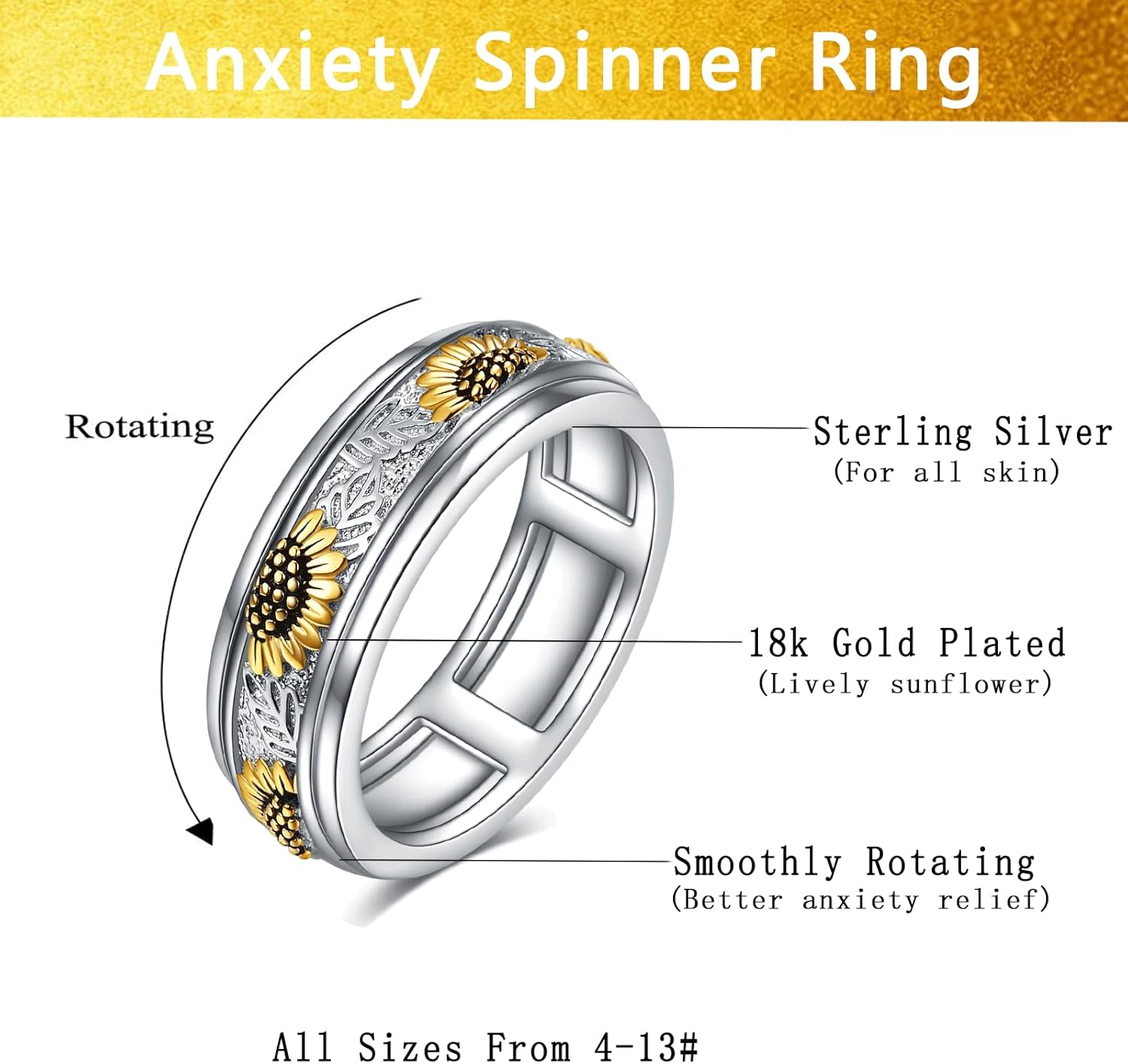 POPLYKE Sterling Silver Anxiety Spinner Rings Rotatable Mood Rings for Women Relieve Stress Gift - Image 4