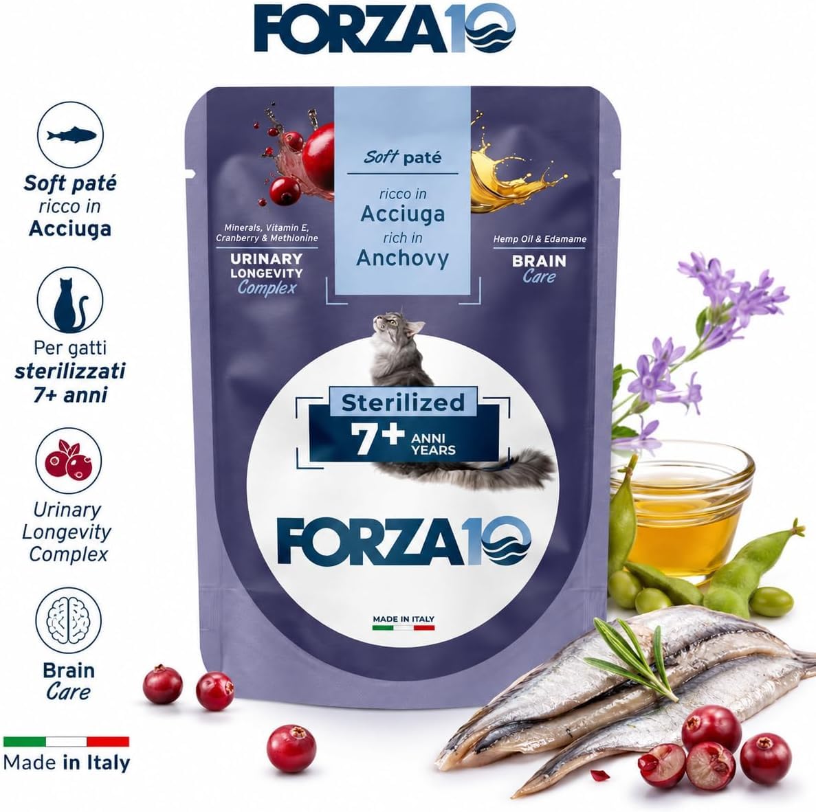 Soft Patè Gatto Acciuga 7 anni sterilized– Forza10 Cibo Umido per Gatti Anziani sterilizzati di tutte le Taglie e Razze,Monoproteico,24 Bustine x 80g, Alimento Completo.