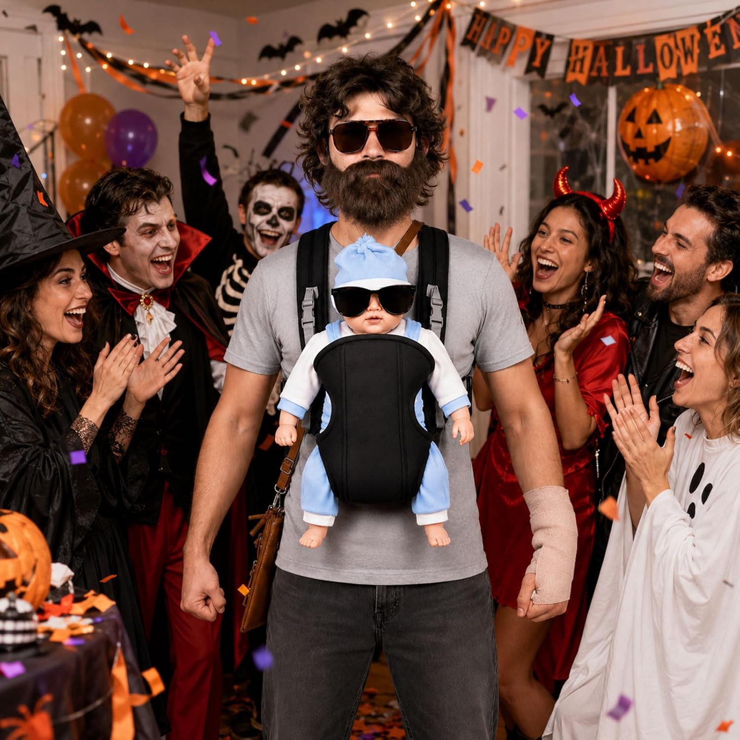 8PCS Halloween Baby Carrier Costume for Men Adult Funny Dad Wig Beard Set