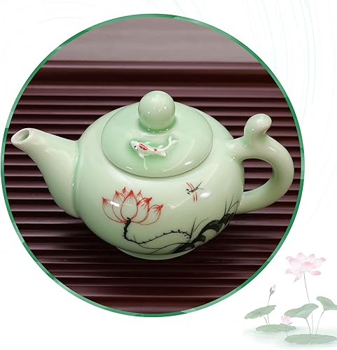 Vista 6 de DELIFUR Celadon Juego de té de porcelana hecho a mano con tema de loto, tetera de porcelana cubierta taza de té Gongdao taza de China (tetera Lotus)