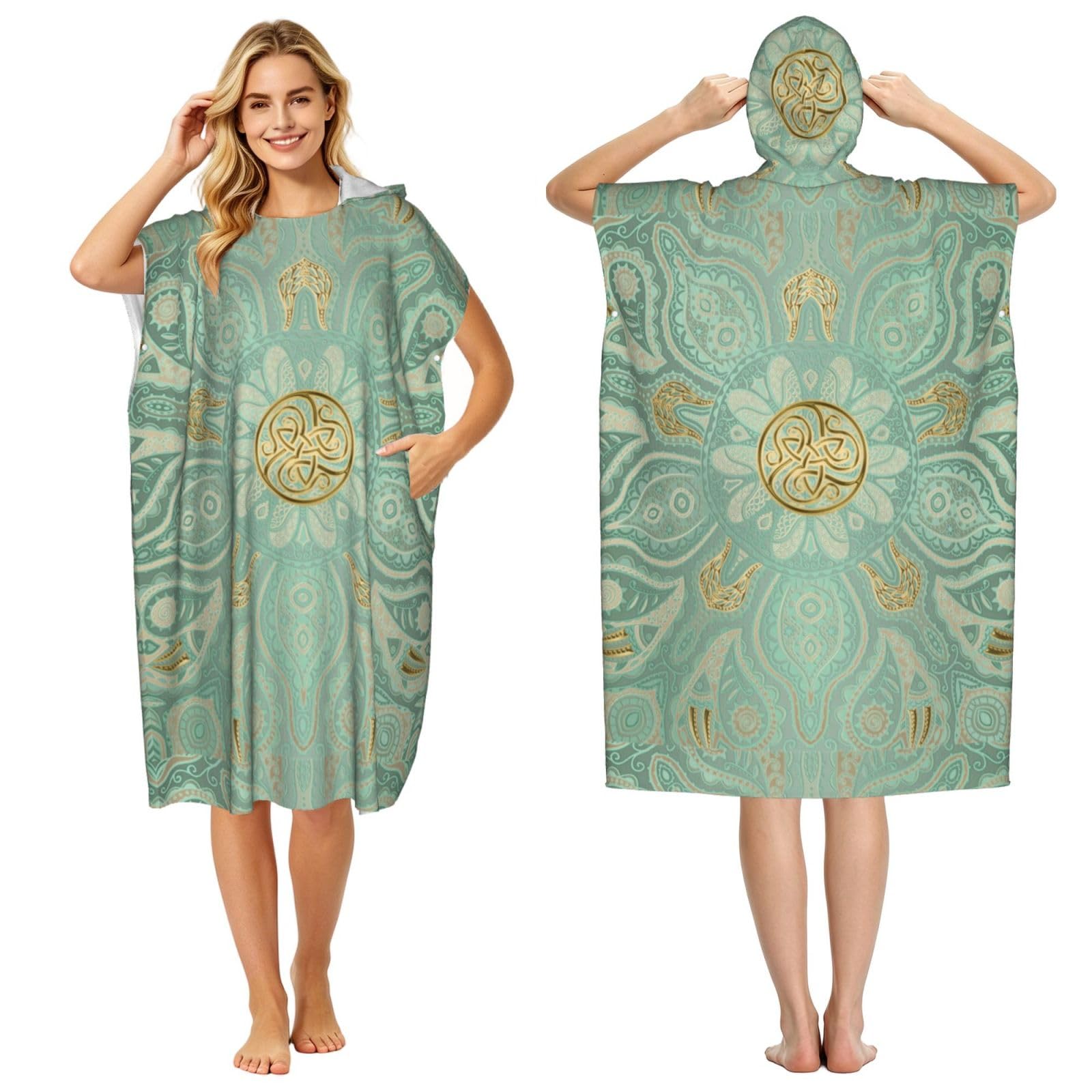Poadnly Soft Sage Green And Gold Celtic Mandala, Adult Hooded Beach Towel 90 x 110 cm,Changing Bath Robe, Surf Poncho Towel For Women Men