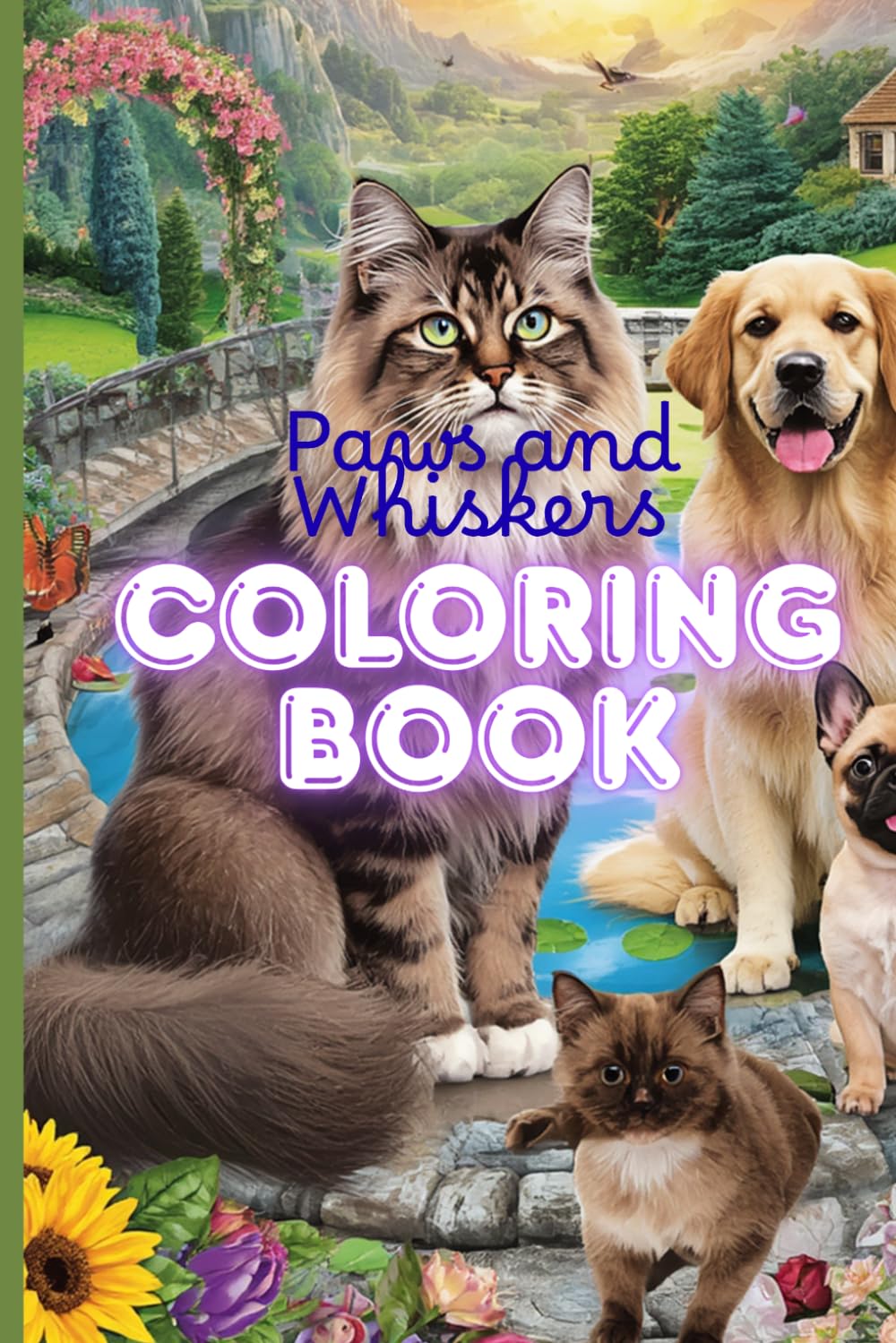 Paws and Whiskers Coloring Book: 26 Adorable Cats and Dogs with Flowers, Butterflies, and Cozy Landscapes