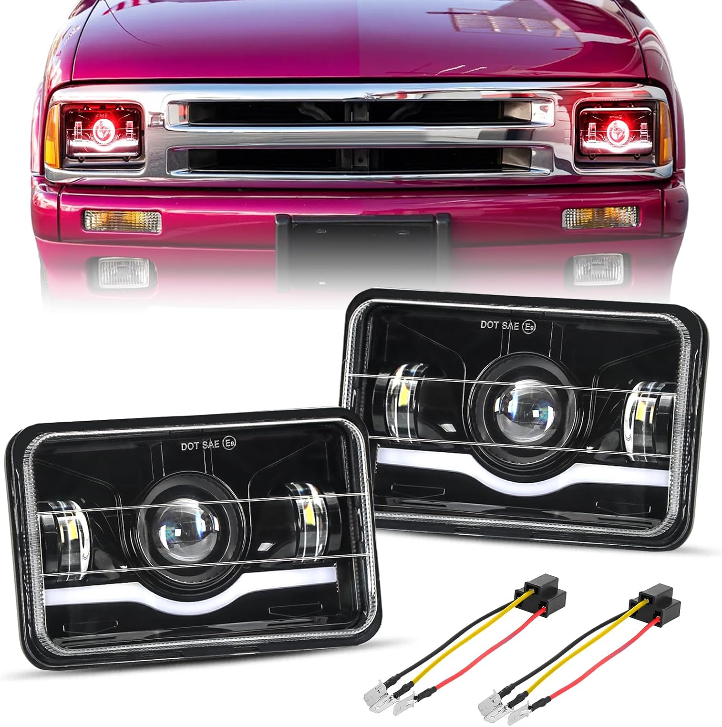 2PCS 4x6 LED Headlights Compatible with 1995-1997 Chevrolet S10 Blazer Peterbilt Kenworth Oldsmobile Cutlass Trucks with Hi/Lo Beam and Red Evil Eye DRL Rectangular Headlights DOT APPROVE