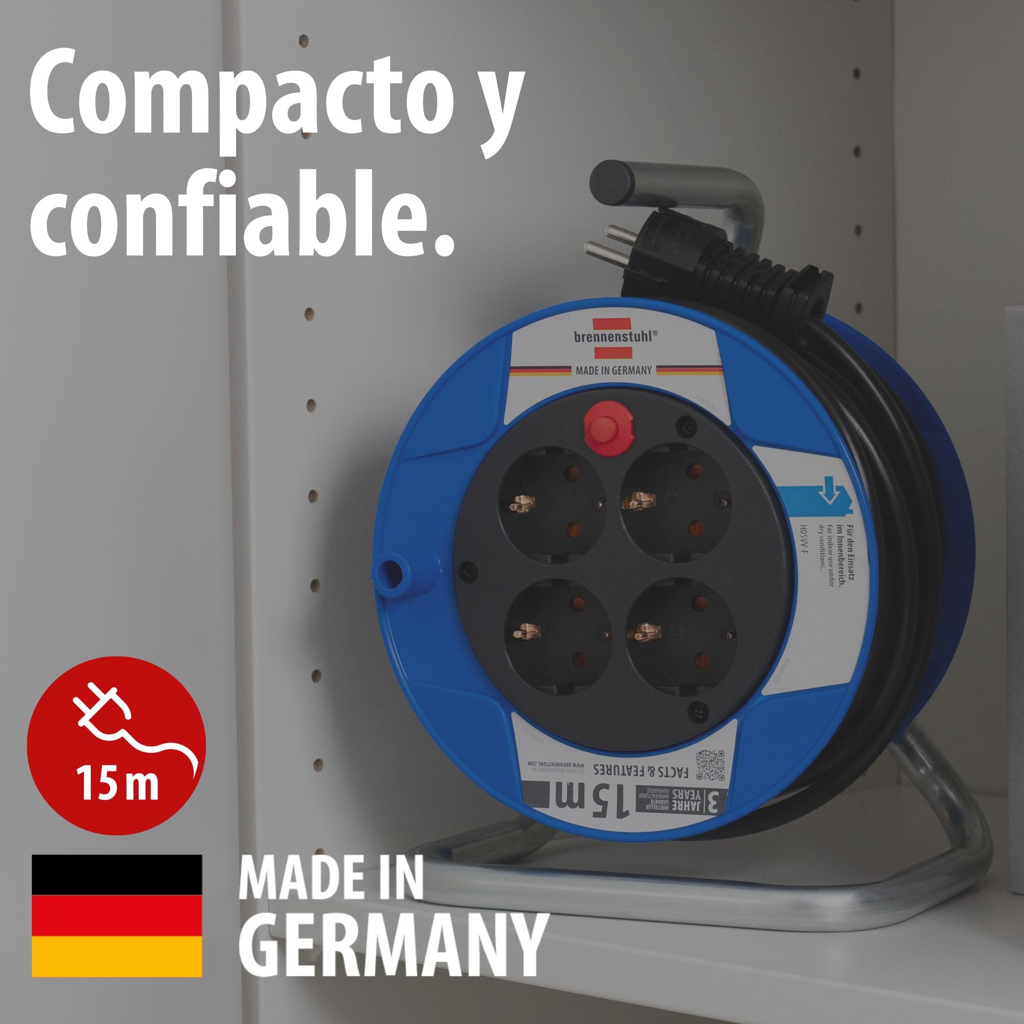 Brennenstuhl Garant enrollacables con alargador de 15 m y 4 tomas de corriente (plástico especial, uso en interiores fabricado en alemania) azul