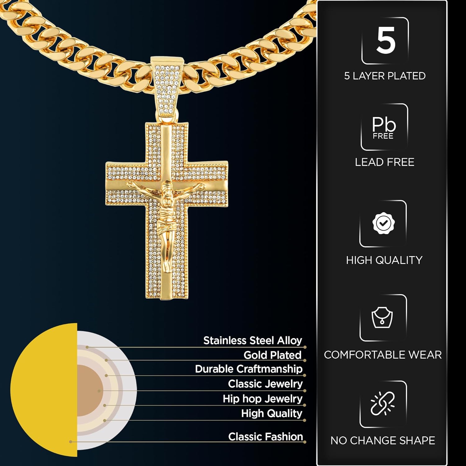 Large Cross Jesus Necklace for Men Gold Silver Plated 5A+ Cubic Zirconia Solid Iced Out Cuban Link Luxury Diamond Chain Jewelry Set