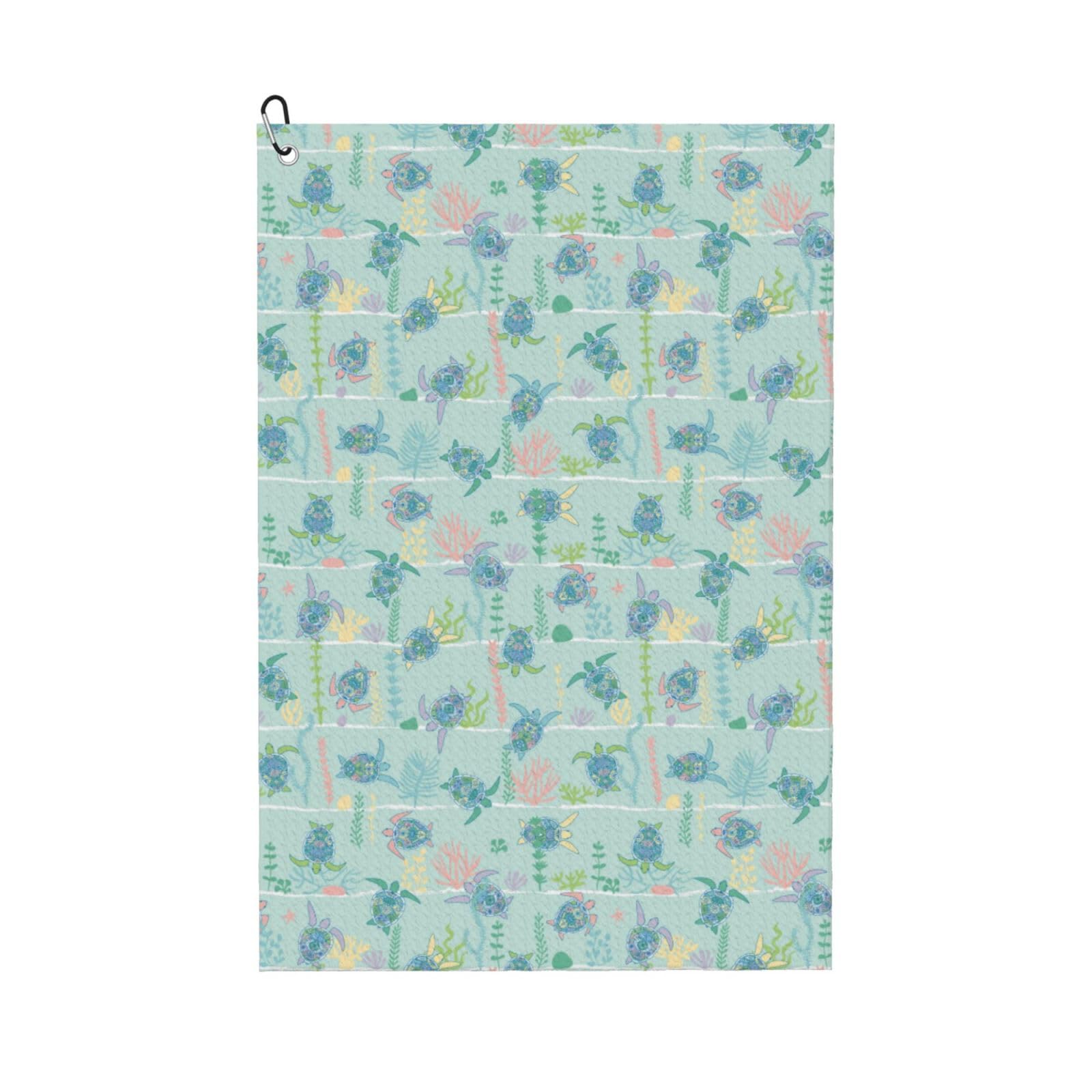 AOOEDM Sea Turtle Print Golf Towel with Carabiner Clip Absorbent Microfiber Golf Towel for Cleaning Golf Ball Club Putter Iron for Golf Bag Trolly Belt Loop 16" X 24"