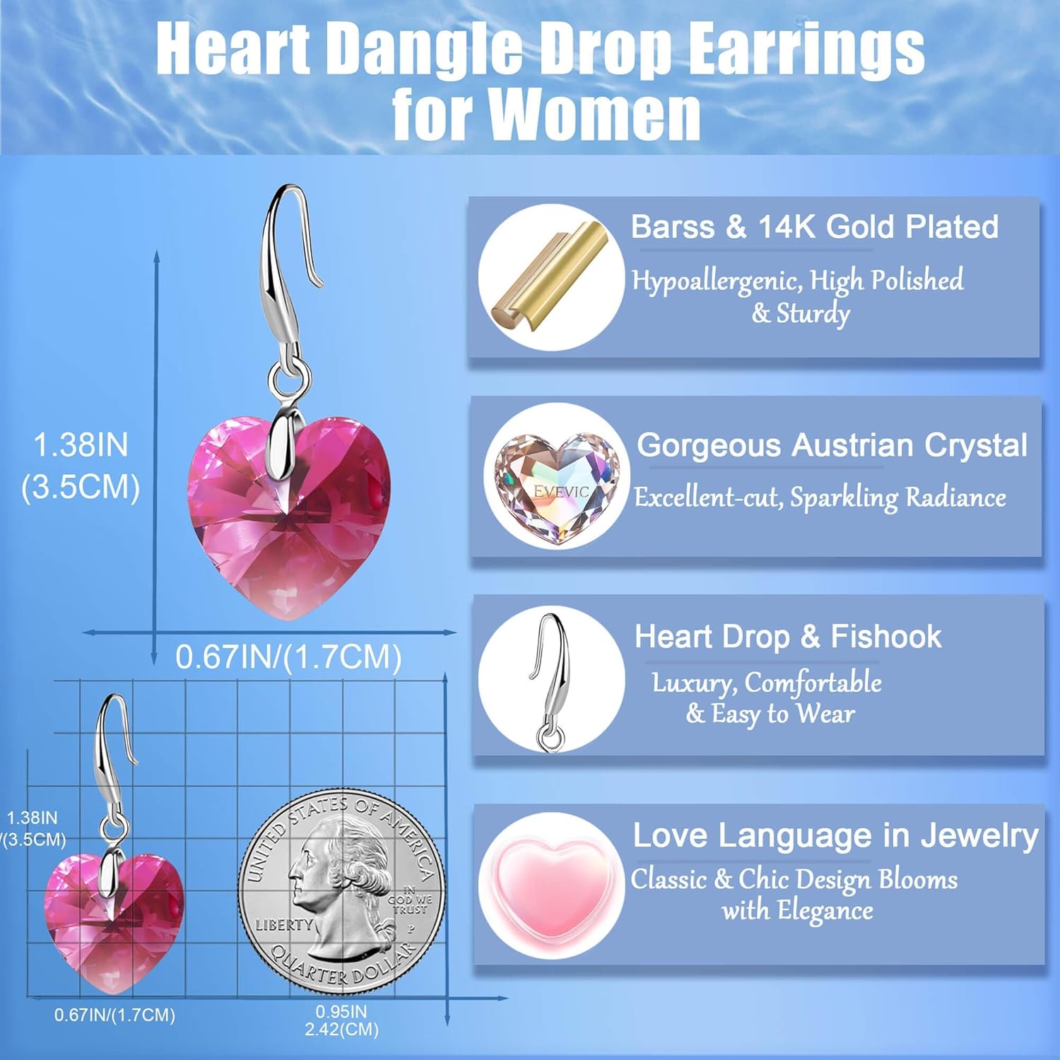 Austrian Crystal Heart Dangle Hook Earrings for Women Drop Earrings 14K Gold Plated Hypoallergenic Jewelry - Image 6