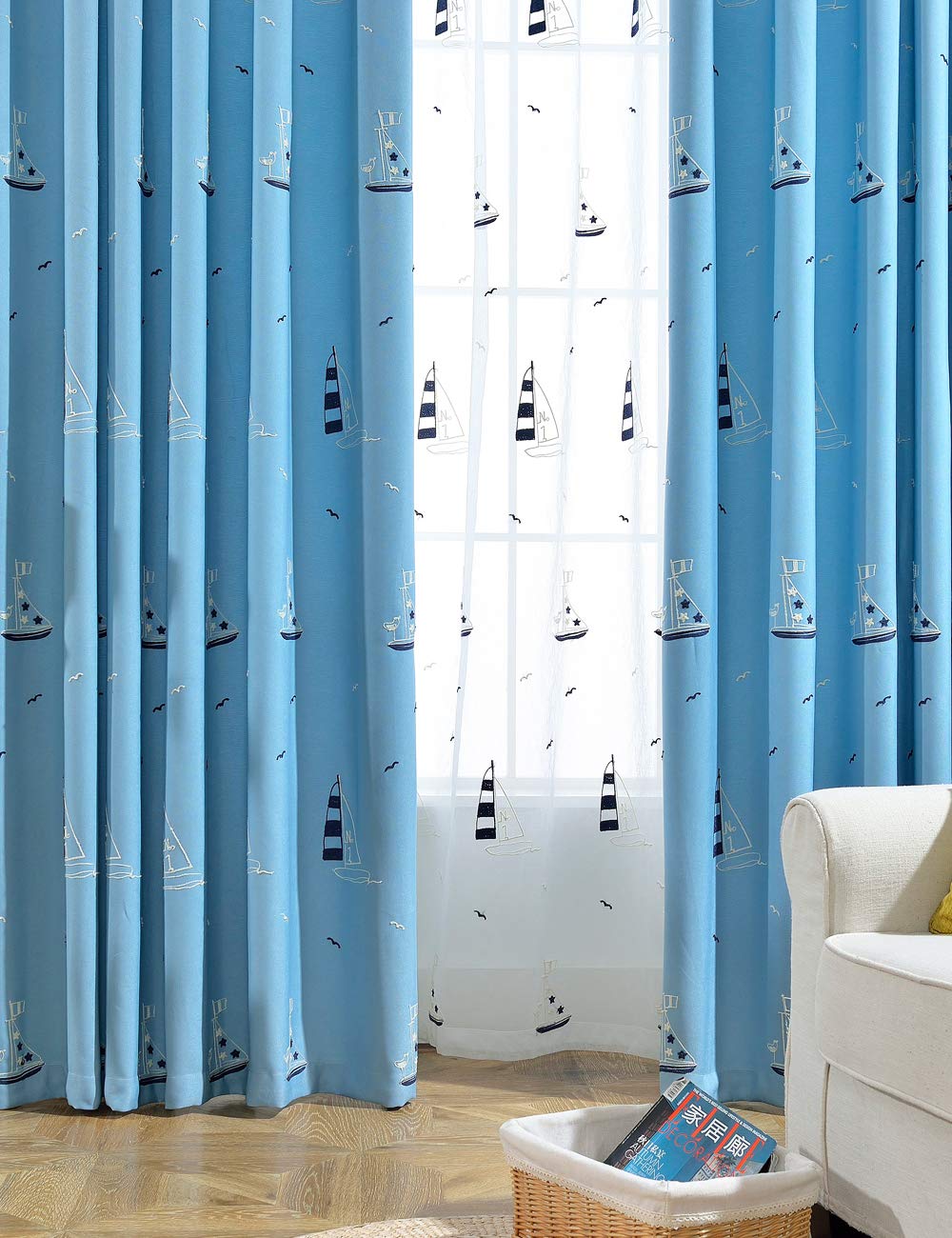 lactraum habitación de los Niños Salón Dormitorio Juvenil de habitaciones trabajo 1er Pack con ojales cortina bordada Mediterráneo ancla Vela Mar Pájaro Cortina gruesa 300 x 245 cm(B x H)